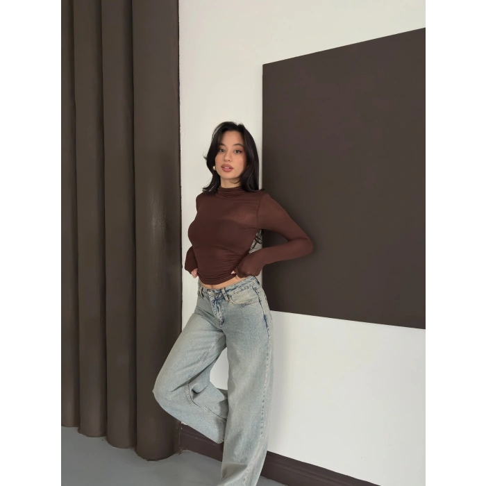 Transparan Uzun Kollu Toparlayıcı Bluz Acı Kahve