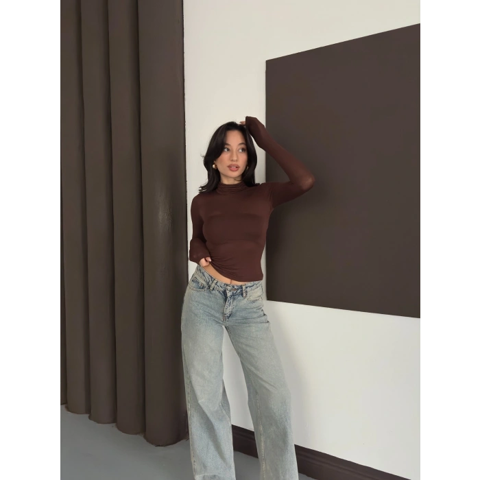 Transparan Uzun Kollu Toparlayıcı Bluz Acı Kahve