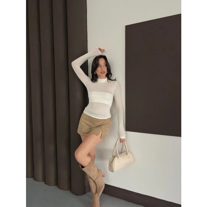 Transparan Uzun Kollu Toparlayıcı Bluz Ekru