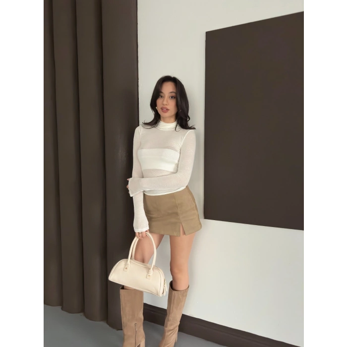 Transparan Uzun Kollu Toparlayıcı Bluz Ekru