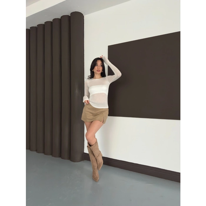 Transparan Uzun Kollu Toparlayıcı Bluz Ekru