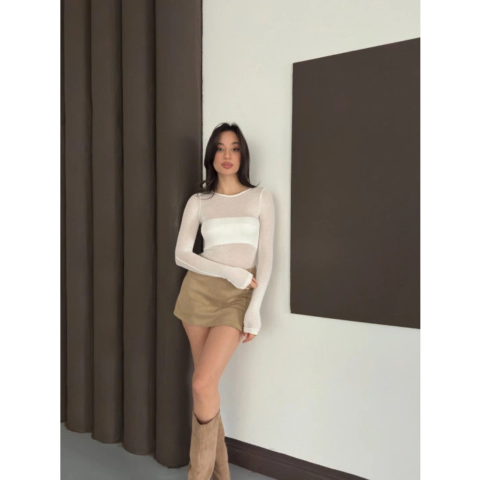 Transparan Uzun Kollu Toparlayıcı Bluz Ekru