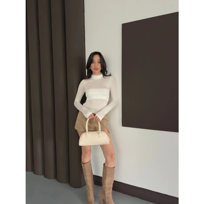 Transparan Uzun Kollu Toparlayıcı Bluz Ekru