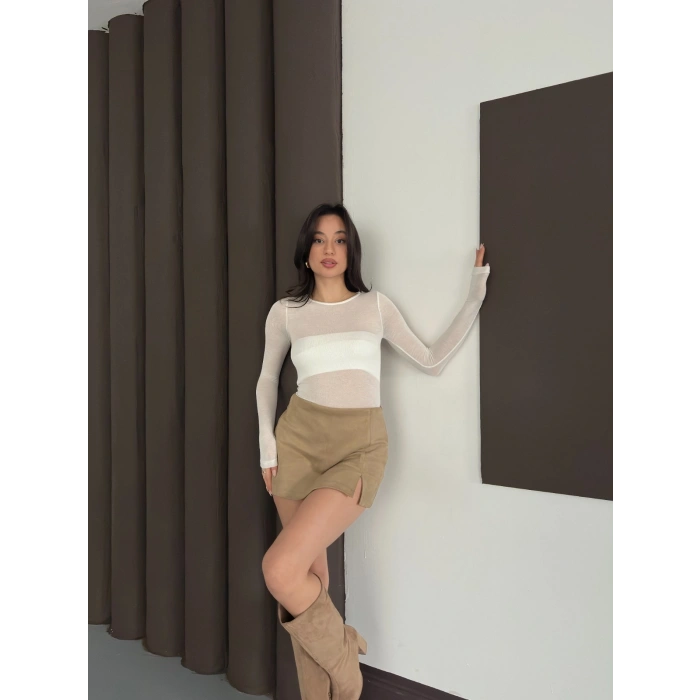 Transparan Uzun Kollu Toparlayıcı Bluz Ekru