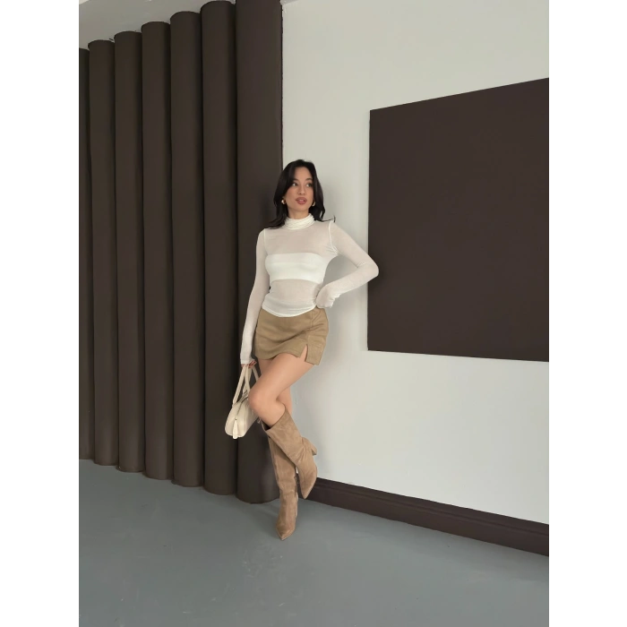 Transparan Uzun Kollu Toparlayıcı Bluz Ekru