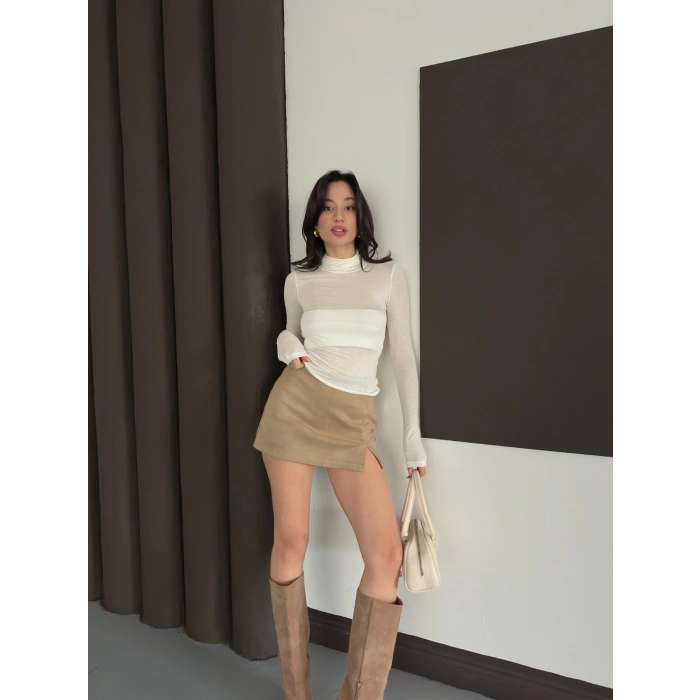 Transparan Uzun Kollu Toparlayıcı Bluz Ekru