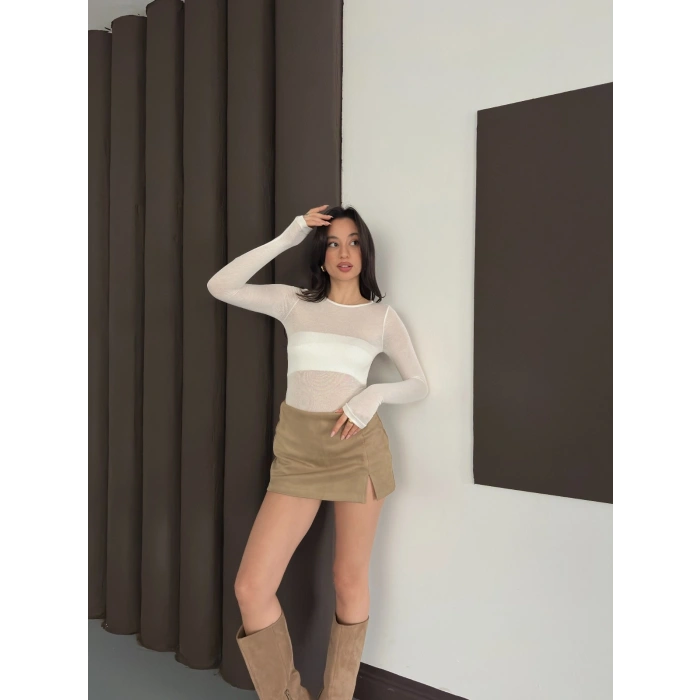 Transparan Uzun Kollu Toparlayıcı Bluz Ekru