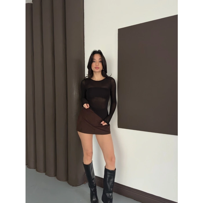 Transparan Uzun Kollu Toparlayıcı Bluz Siyah