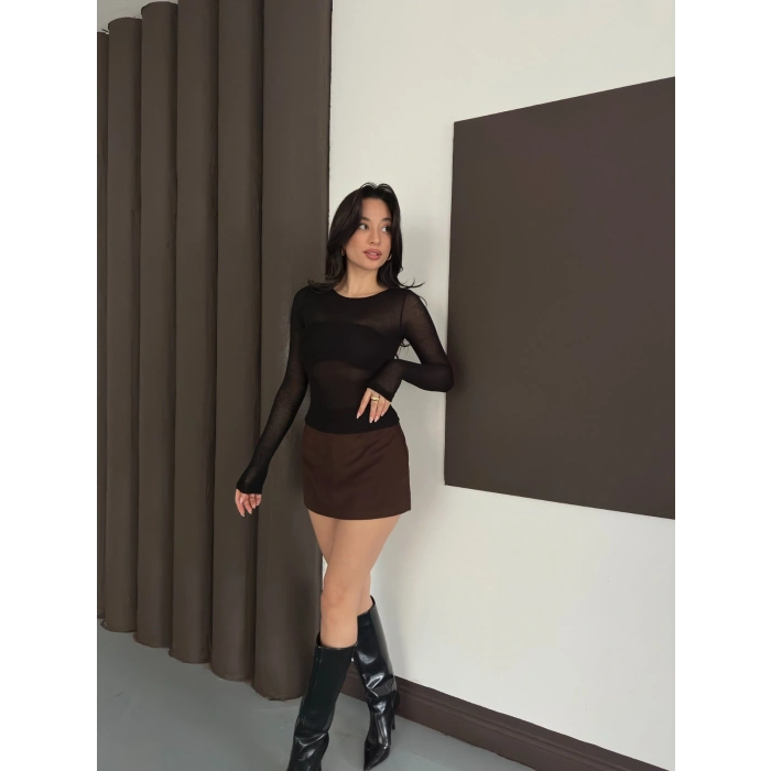 Transparan Uzun Kollu Toparlayıcı Bluz Siyah