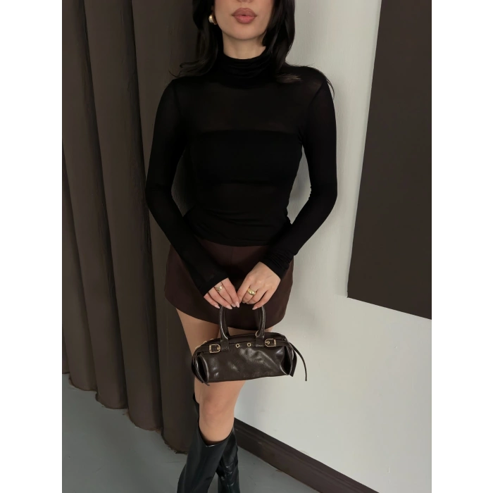 Transparan Uzun Kollu Toparlayıcı Bluz Siyah