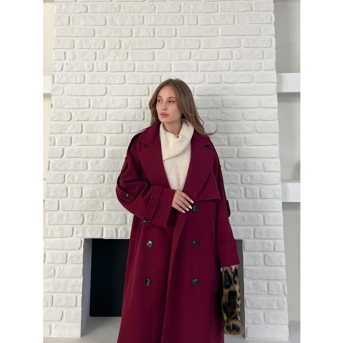 Uzun Boy Kuşak Detaylı Kaban Bordo
