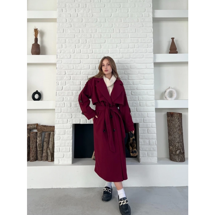 Uzun Boy Kuşak Detaylı Kaban Bordo