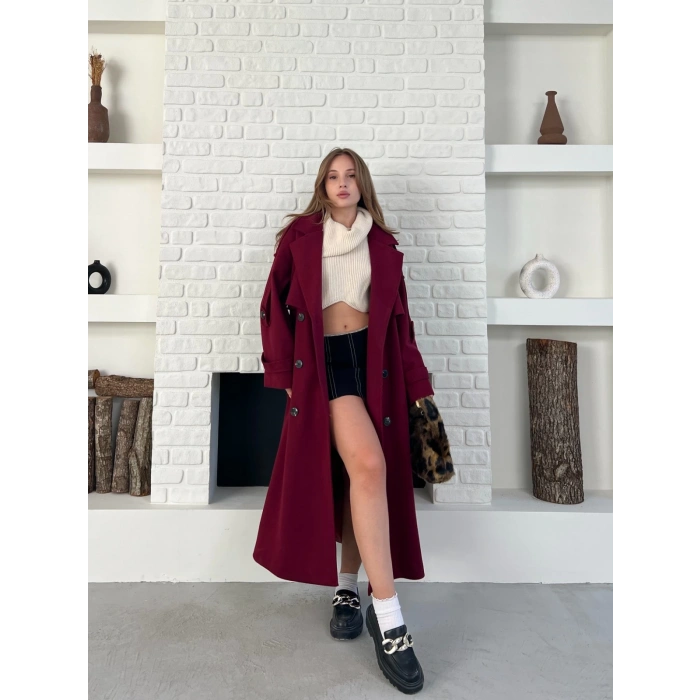 Uzun Boy Kuşak Detaylı Kaban Bordo