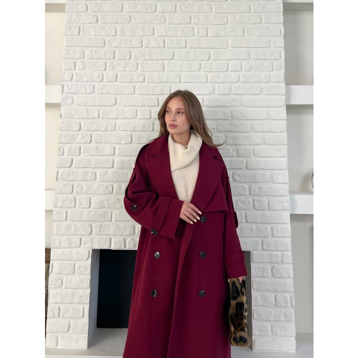 Uzun Boy Kuşak Detaylı Kaban Bordo