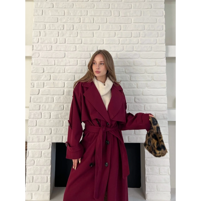 Uzun Boy Kuşak Detaylı Kaban Bordo