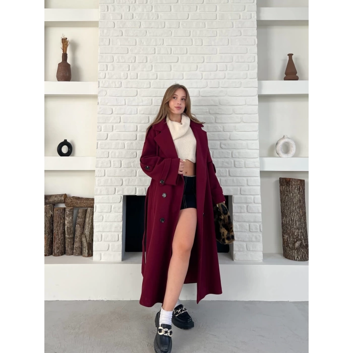 Uzun Boy Kuşak Detaylı Kaban Bordo
