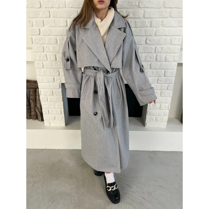 Uzun Boy Kuşak Detaylı Kaban Gri