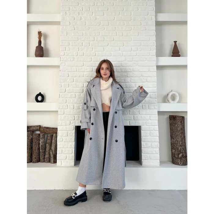 Uzun Boy Kuşak Detaylı Kaban Gri