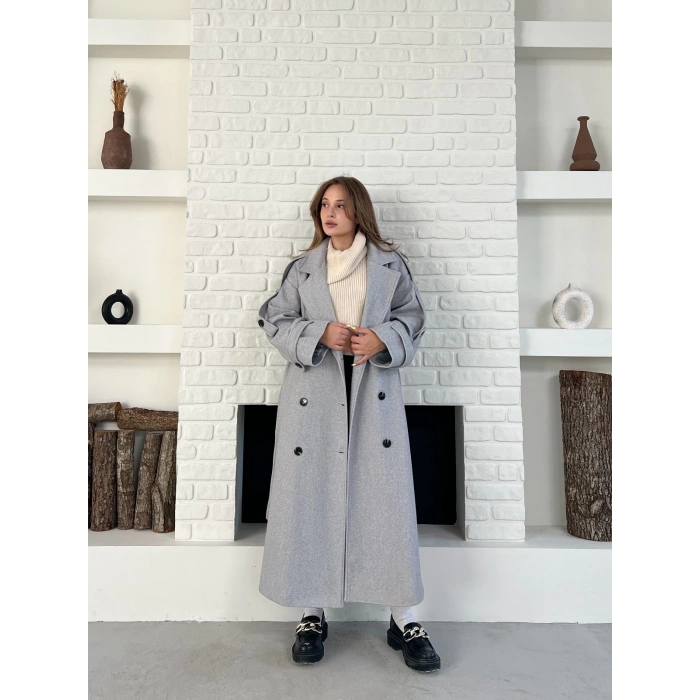 Uzun Boy Kuşak Detaylı Kaban Gri