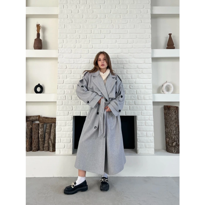 Uzun Boy Kuşak Detaylı Kaban Gri