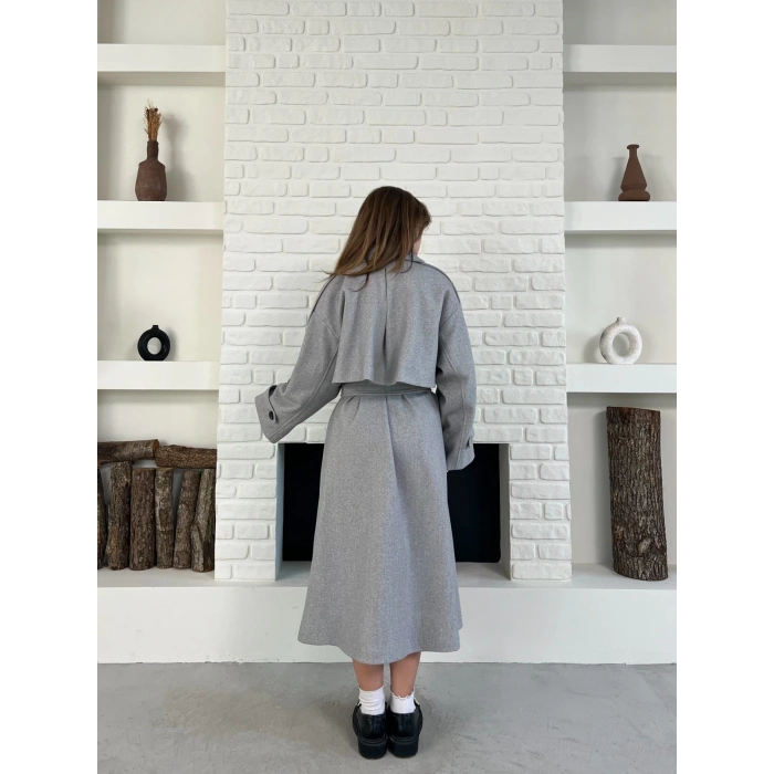 Uzun Boy Kuşak Detaylı Kaban Gri