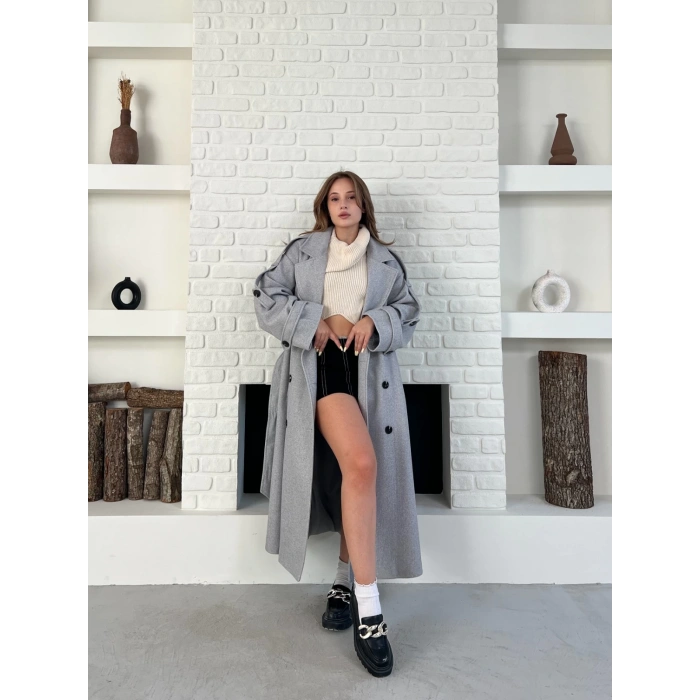 Uzun Boy Kuşak Detaylı Kaban Gri