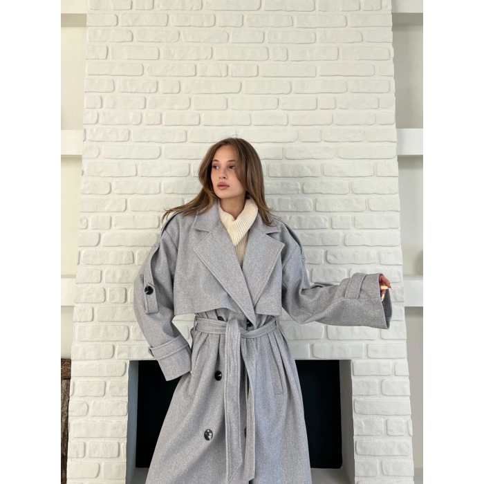 Uzun Boy Kuşak Detaylı Kaban Gri