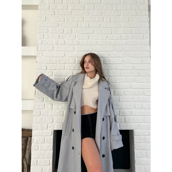 Uzun Boy Kuşak Detaylı Kaban Gri