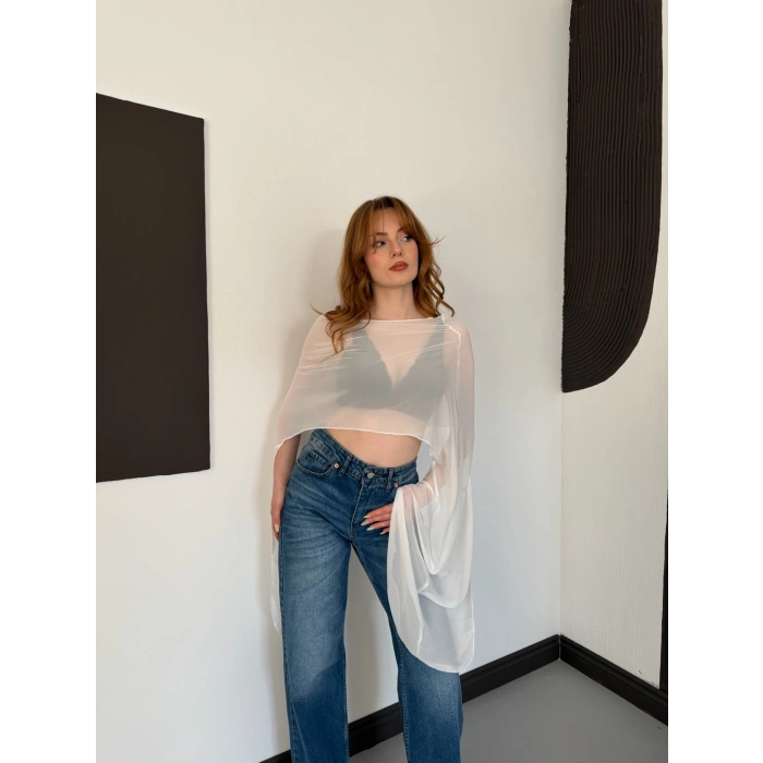 Uzunkol Crop Tül Bluz Beyaz