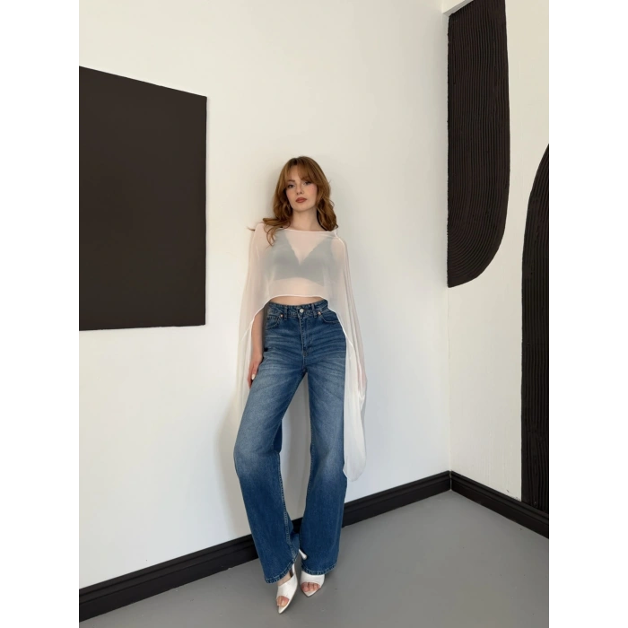Uzunkol Crop Tül Bluz Beyaz