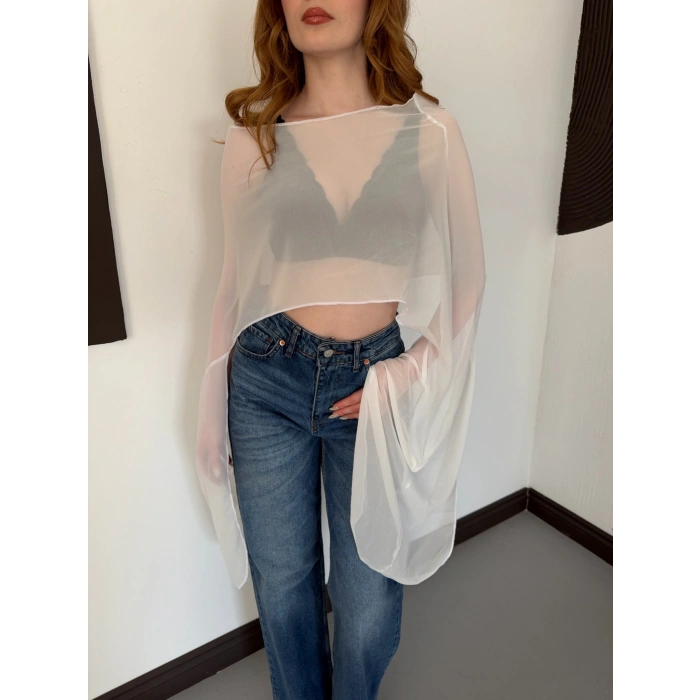 Uzunkol Crop Tül Bluz Beyaz