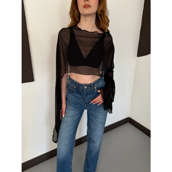 Uzunkol Crop Tül Bluz Siyah