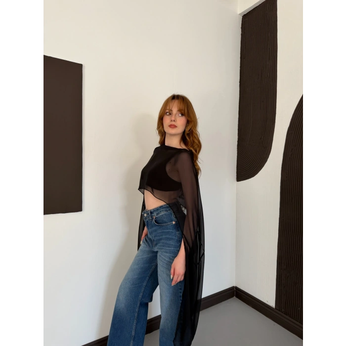 Uzunkol Crop Tül Bluz Siyah