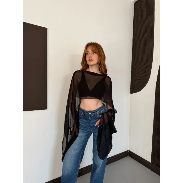Uzunkol Crop Tül Bluz Siyah
