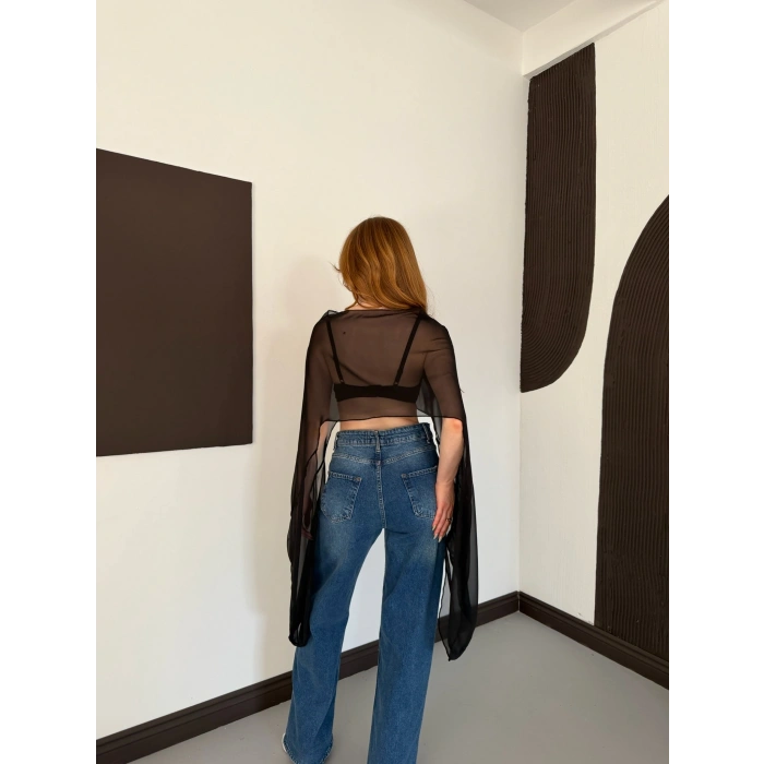 Uzunkol Crop Tül Bluz Siyah