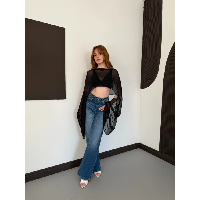 Uzunkol Crop Tül Bluz Siyah