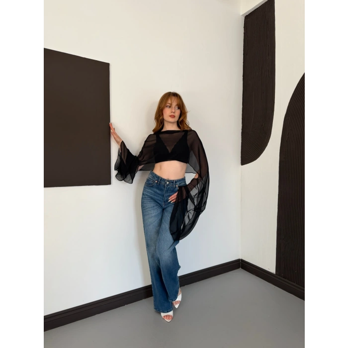 Uzunkol Crop Tül Bluz Siyah