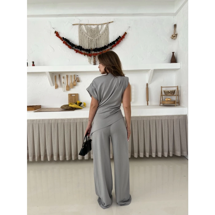 Vatka Detaylı Asimetrik Takım Gri