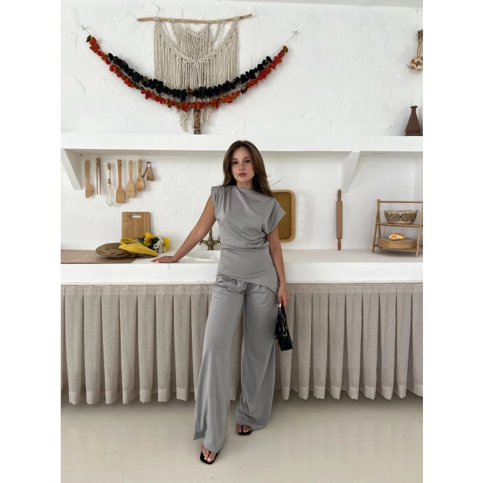 Vatka Detaylı Asimetrik Takım Gri