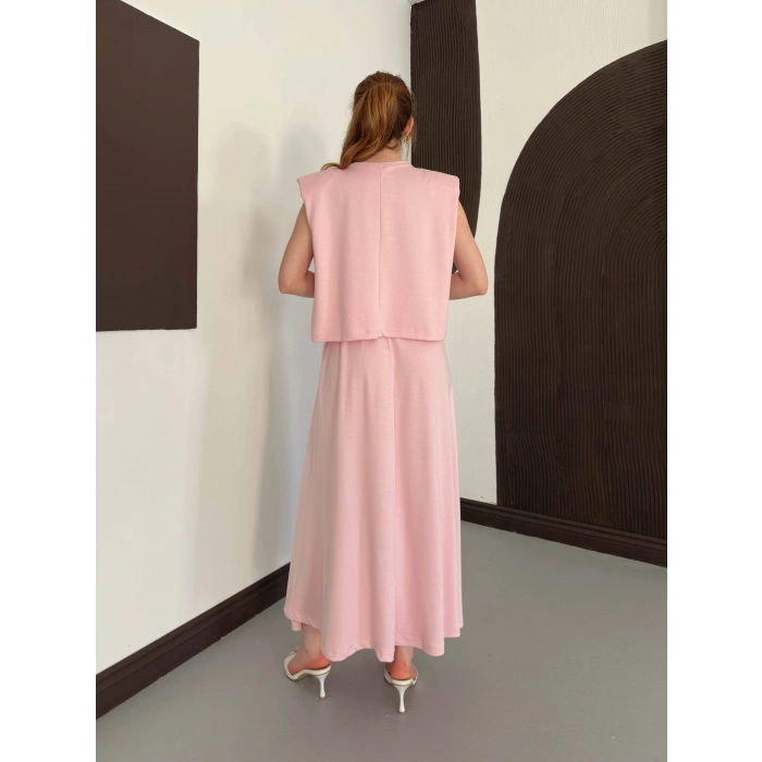 Vatkalı Bluz Piliseli Etek Takım Pembe