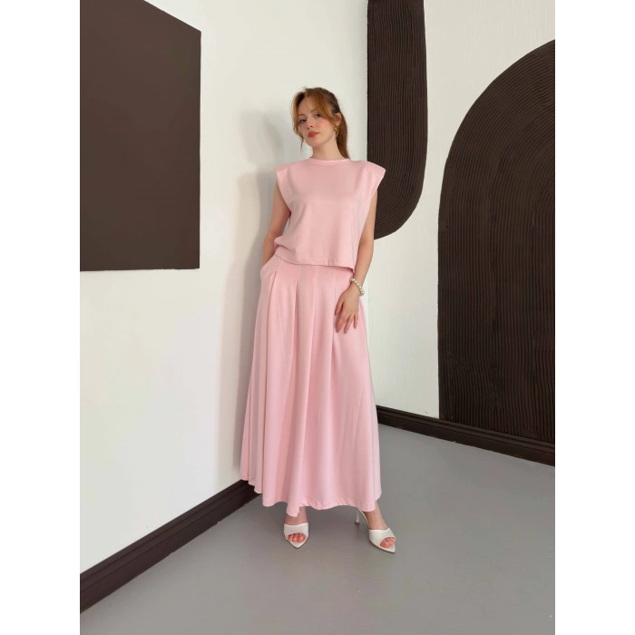 Vatkalı Bluz Piliseli Etek Takım Pembe