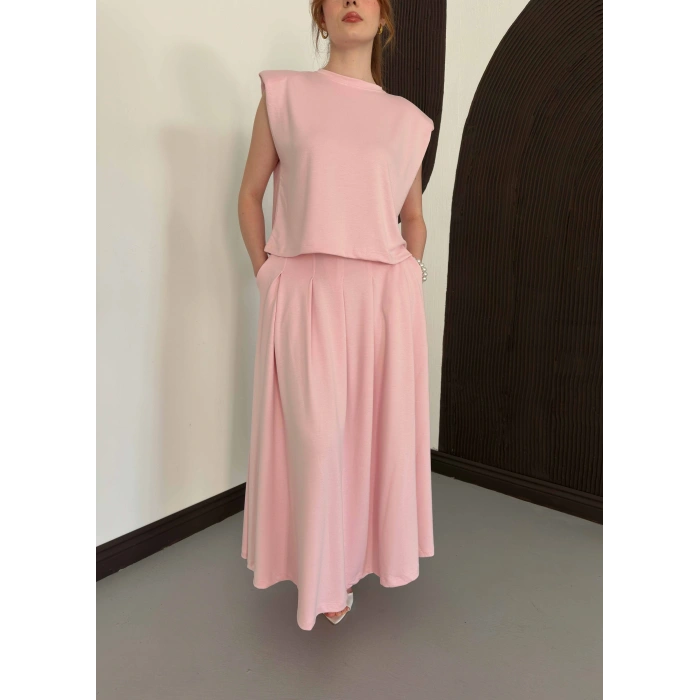 Vatkalı Bluz Piliseli Etek Takım Pembe