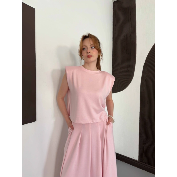 Vatkalı Bluz Piliseli Etek Takım Pembe