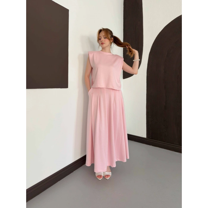 Vatkalı Bluz Piliseli Etek Takım Pembe