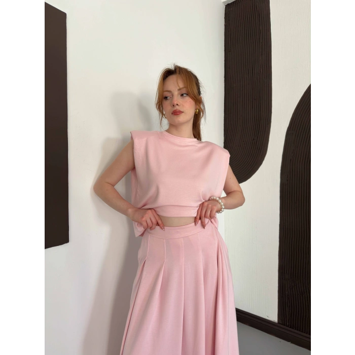 Vatkalı Bluz Piliseli Etek Takım Pembe