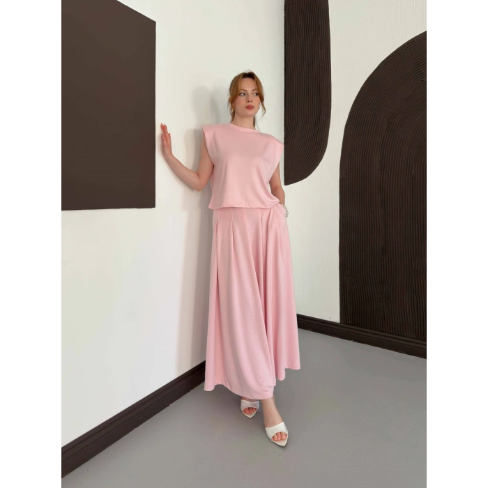 Vatkalı Bluz Piliseli Etek Takım Pembe