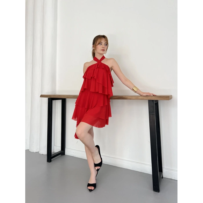 Volanlı Astarlı Tül Mini Elbise Kırmızı