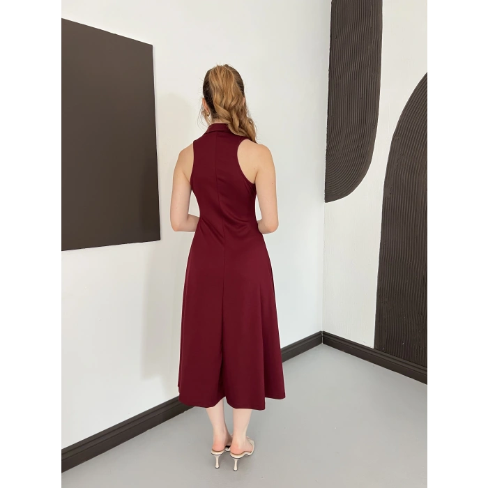 Yaka Detay Sıfır Kol Midi Elbise Bordo