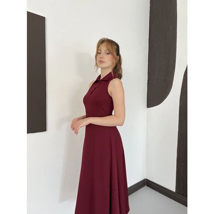 Yaka Detay Sıfır Kol Midi Elbise Bordo
