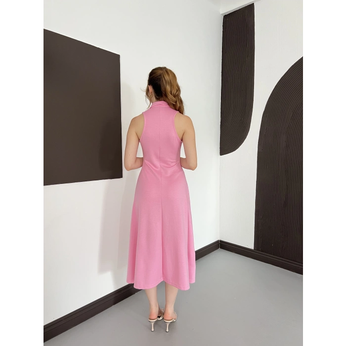 Yaka Detay Sıfır Kol Midi Elbise Pembe